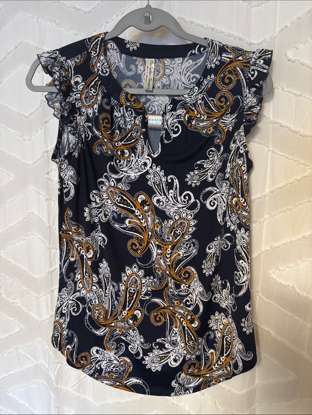 Women’s Navy Paisley Keyhole Ruffle Sleeve Top